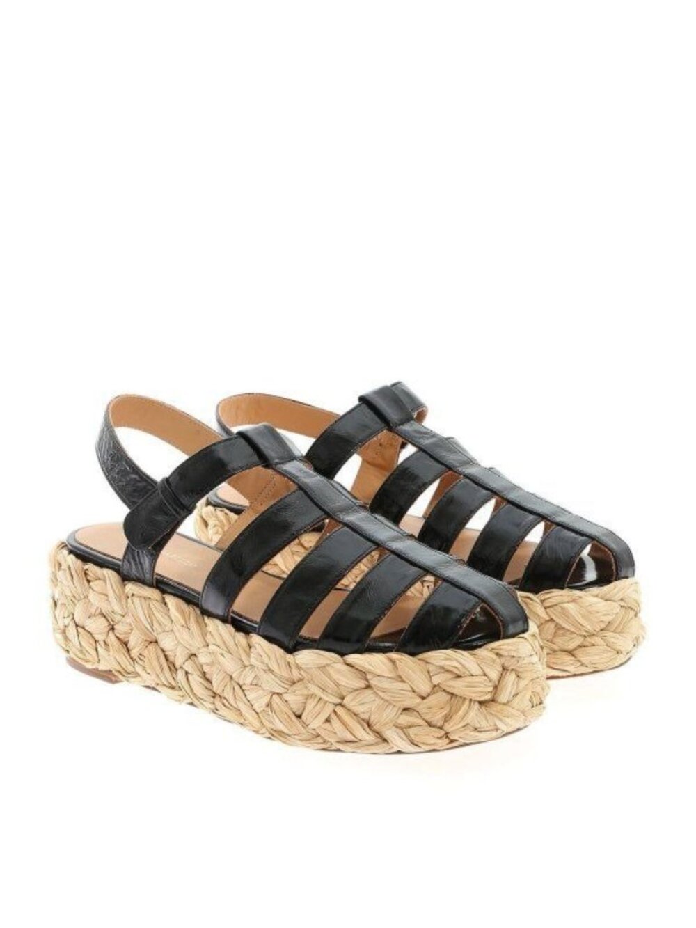 Paloma Barcelo Turvi Patent Leather Raffia Platform Sandals, Size 7.5